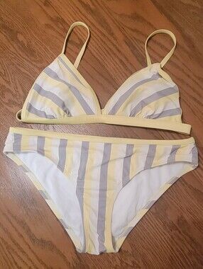 Kona Sol Yellow & Gray Striped Bikini Swimsuit Set Size Large